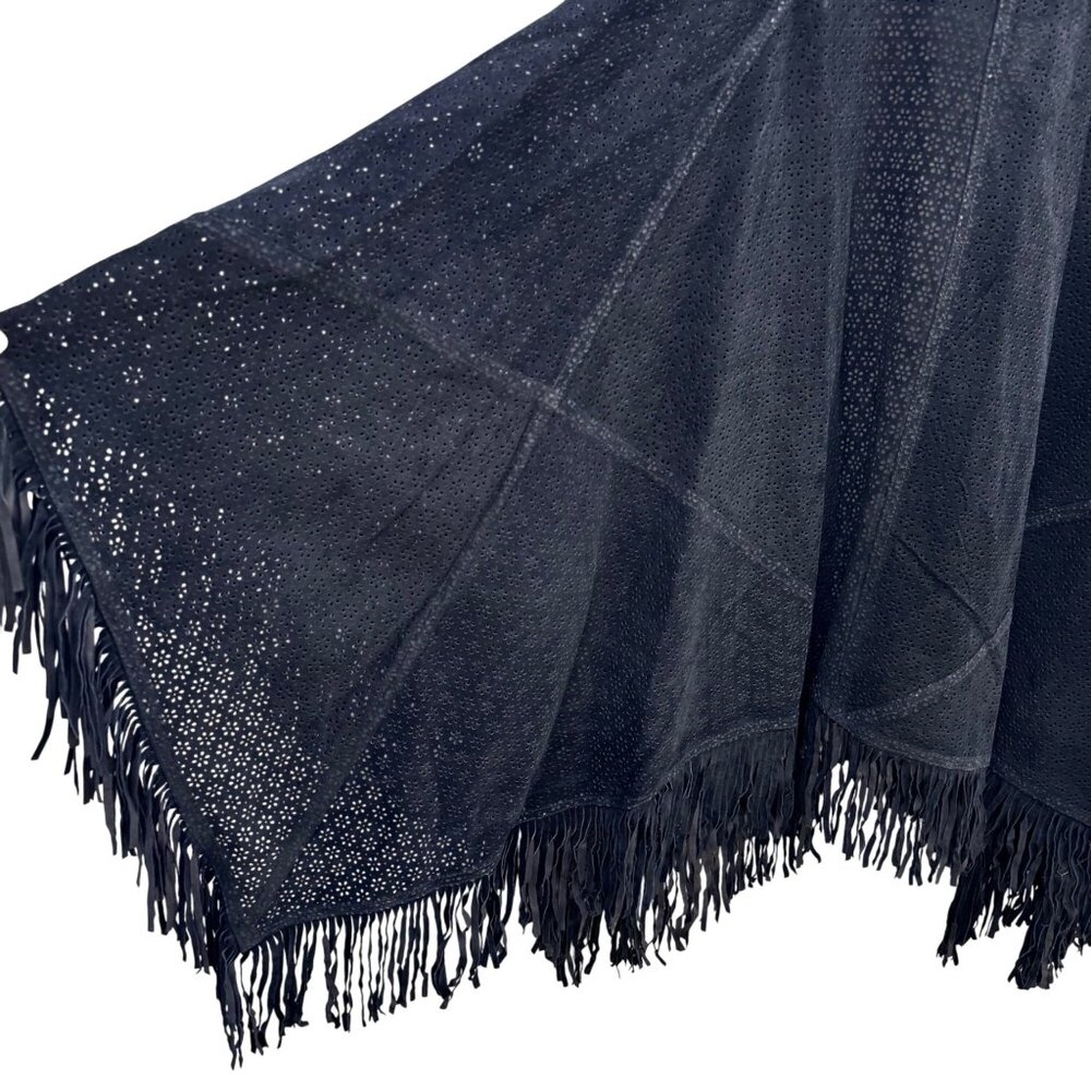Suzanne Somers Vintage Boho Western Laser Cut Leather Fringed Poncho Wrap OS - Picture 9 of 10